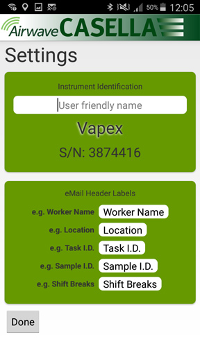 Casella VAPex Airwave Screenshot, Setup Screen