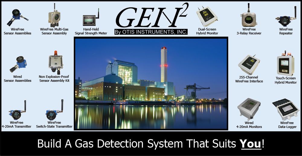 Otis Instruments Industrial Commercial Fixed Point Remote Gas Detection Systems, Wired or WireFree Sensors, Transmitters, Monitors, Receivers, Repeaters, Data Loggers