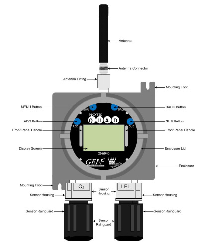 Otis Instruments OI-6940 Notis Quad WireFree 4-Gas Explosion Proof Sensor Assembly Diagram